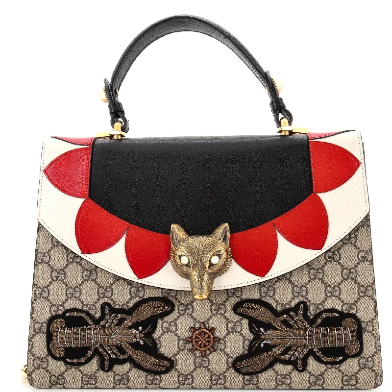 Broche Top Handle Bag Embroidered GG Coated Canvas and Leather Medium