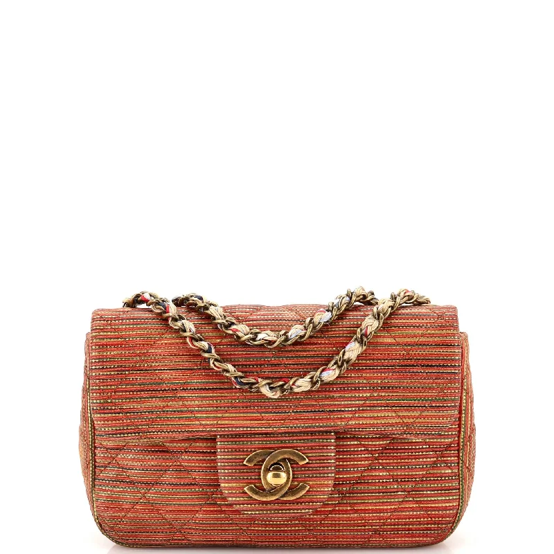 Multicolor Stripe Flap Bag Raffia Effect Braided Chain Mini