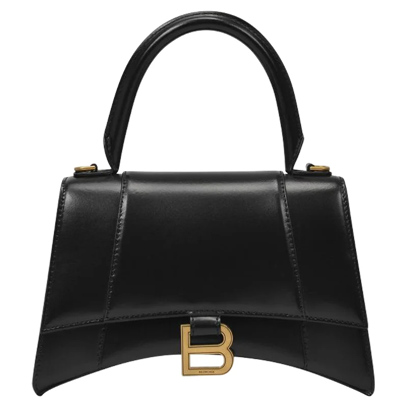 Hourglass Top Handle S Bag in Black Shiny Leather