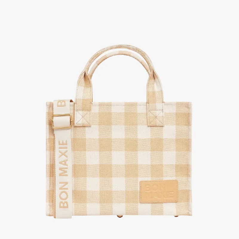 Small Bon Vivant Structured Tote Bag -- Mini Tote Almond Gingham