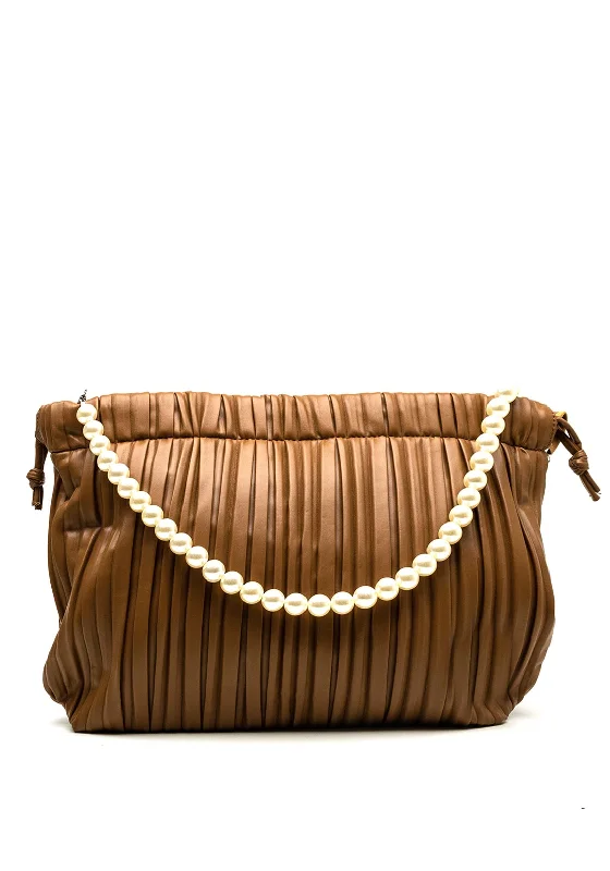 Zen Collection Ruffle Bag with Pearl Handle, Tan