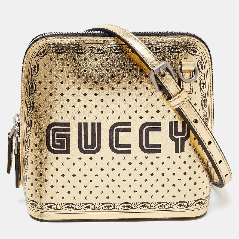 Gucci Metallic Gold/black Leather Mini Guccy Dome Crossbody Bag