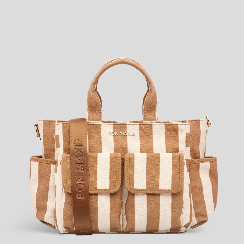 Multi-Pocket Nappy Bag -- Tan Stripe