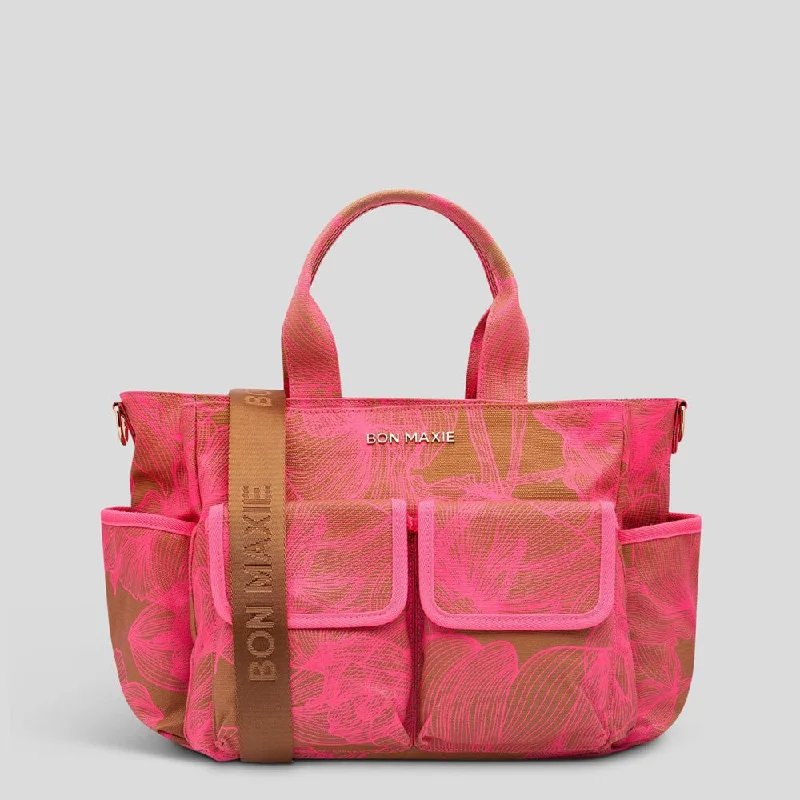 Multi-Pocket Nappy Bag -- Neon Pink/Tan Floral