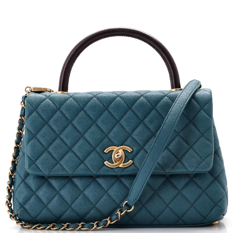 Coco Top Handle Bag Quilted Caviar with Lizard Small