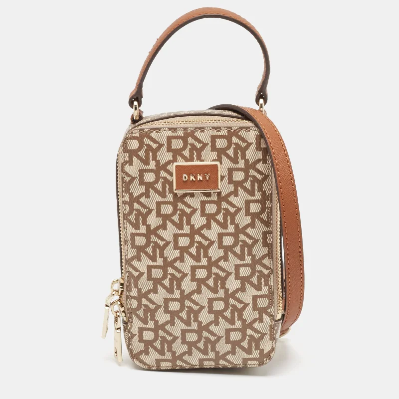 Dkny Brown/beige Signature Coated Canvas And Leather Steffy Crossbody Bag