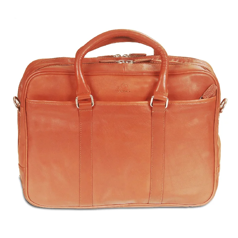 Mancini Leather Double Compartment Zippered Briefcase for 15.6" Laptop / Tablet, 15.5" x 4.25" x 11.25", Cognac