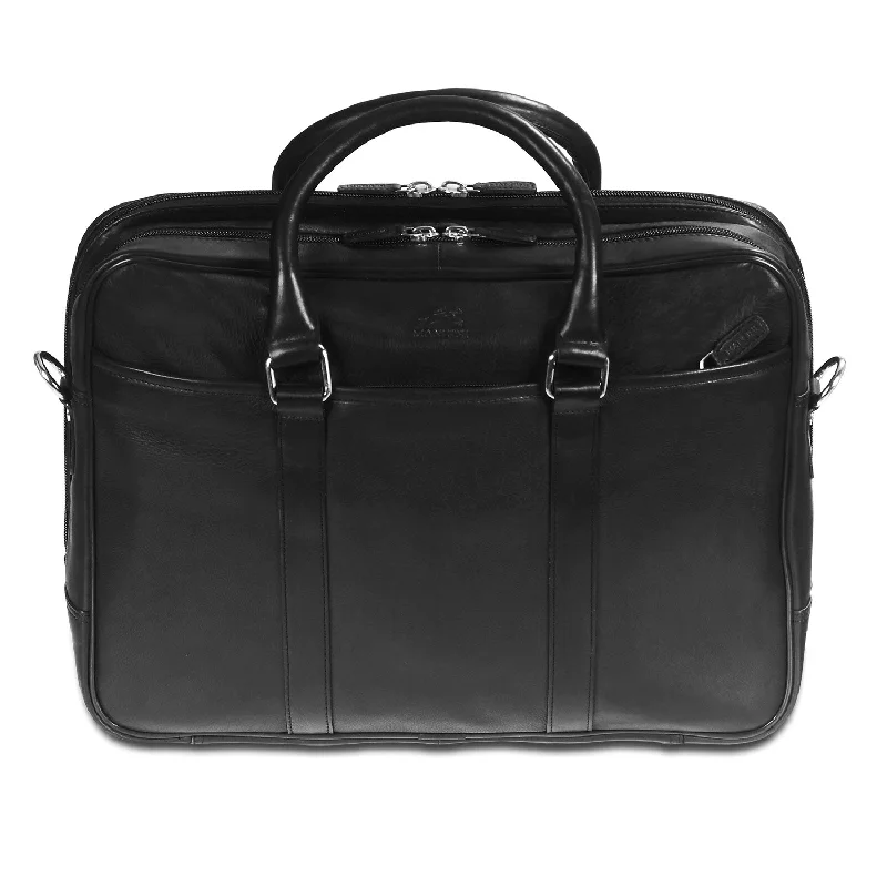 Mancini Leather Double Compartment Zippered Briefcase for 15.6" Laptop / Tablet, 15.5" x 4.25" x 11.25", Black