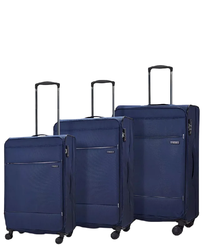 DELUXE Lite 8-Wheel Soft Shell Suitcase, Set of 3 - Navy