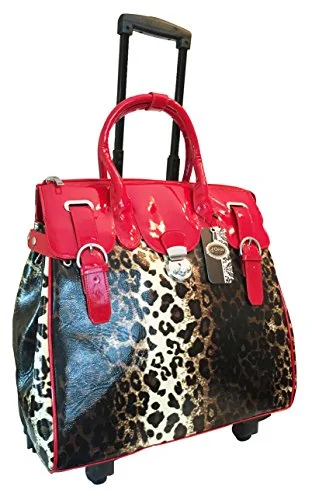 Trendy Flyer Computer/Laptop Large Bag Tote Duffel Rolling 4 Wheel Spinner Luggage Leopard Red