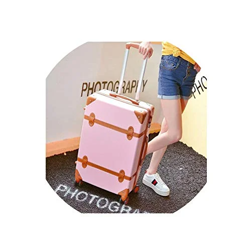 Classical Retro Rolling Luggage With Cosmetic Bag For Women Travel Carry On Trolley Suitcase,Pink2,20