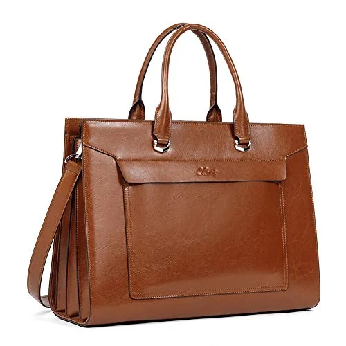 CLUCI Leather Briefcase for Women Vintage Laptop 15.6 Inch Slim Large Business Ladies Work Shoulder Bag Oil Wax Brown