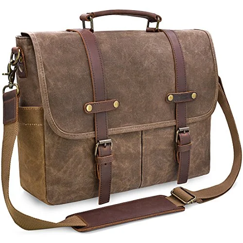 Mens Messenger Bag 15.6 Inch Waterproof Vintage Genuine Leather Waxed Canvas Briefcase Large Satchel Shoulder Bag Rugged Leather Computer Laptop Bag, Brown